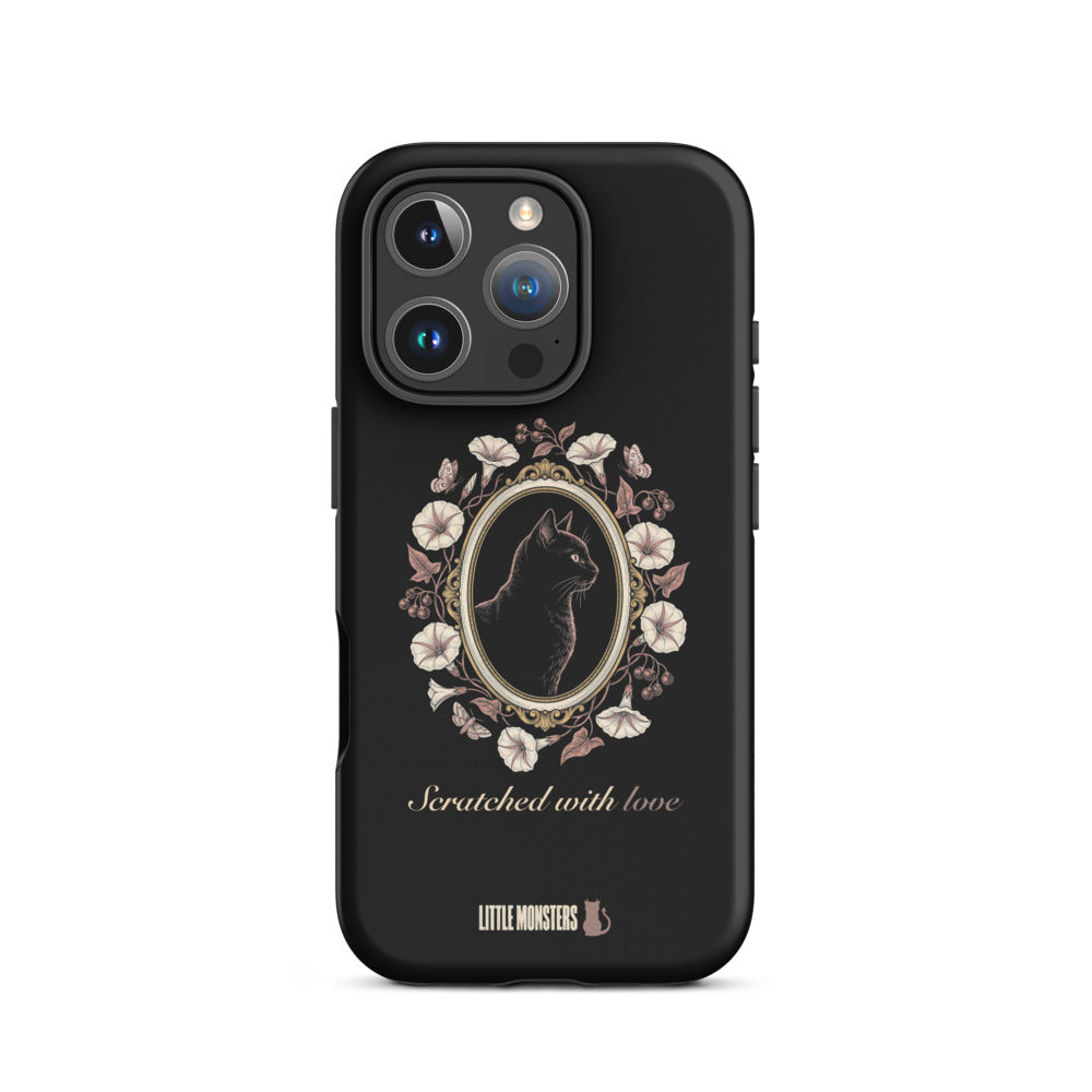 Black tough iPhone case with a black cat in a gold cameo framed by moonflowers and Scratched with love in script