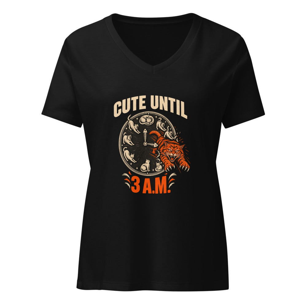 Women's black V-neck tee with a clock of sleepy cats and an orange tabby bursting out, and the words Cute until 3 a.m.