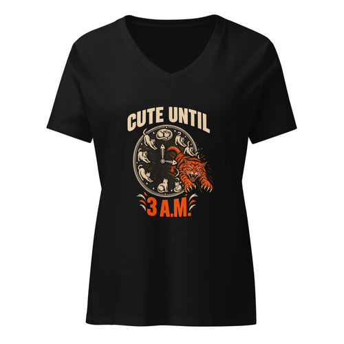 Women's black V-neck tee with a clock of sleepy cats and an orange tabby bursting out, and the words Cute until 3 a.m.