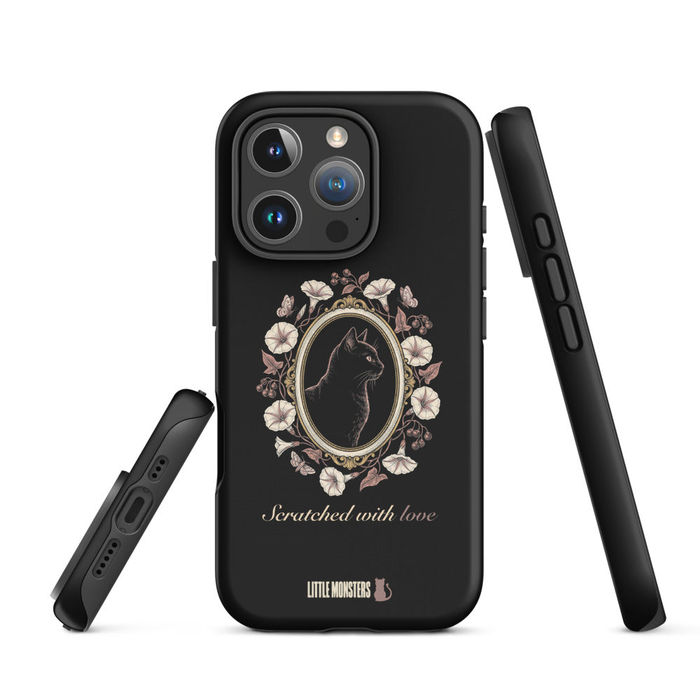 Black tough iPhone case front with side views showing the buttons and bottom port cutouts, black cat in a gold cameo framed by moonflowers and Scratched with love in script
