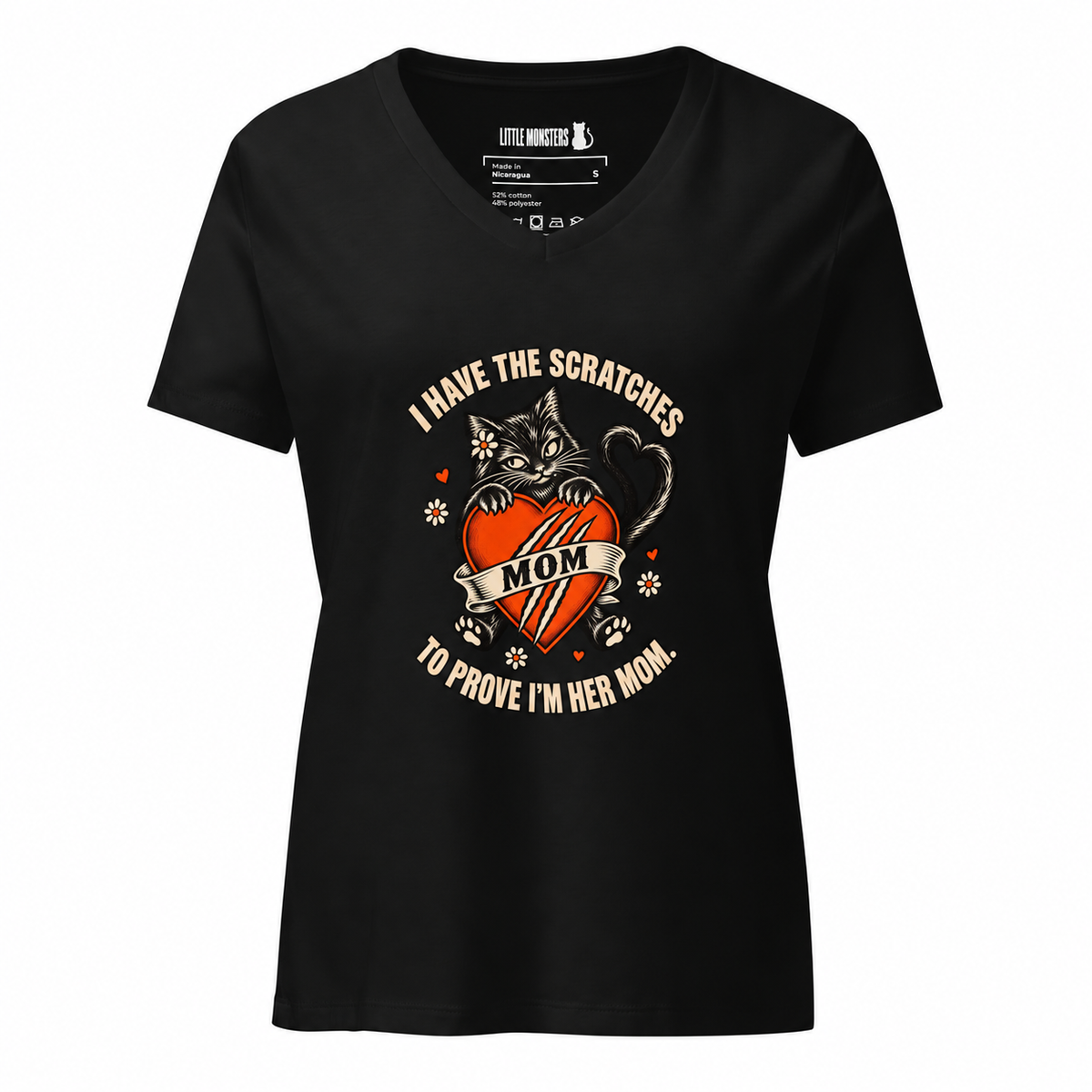Plain sleeves — I Have the Scratches Cat Mom V-Neck Tee in solid black blend, front view
