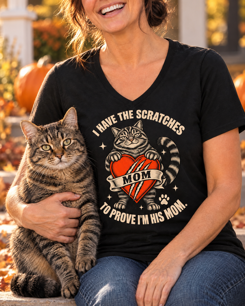 Plain sleeves — Smiling woman in the black I Have the Scratches Boy Cat Mom V-neck tee holding her tabby cat