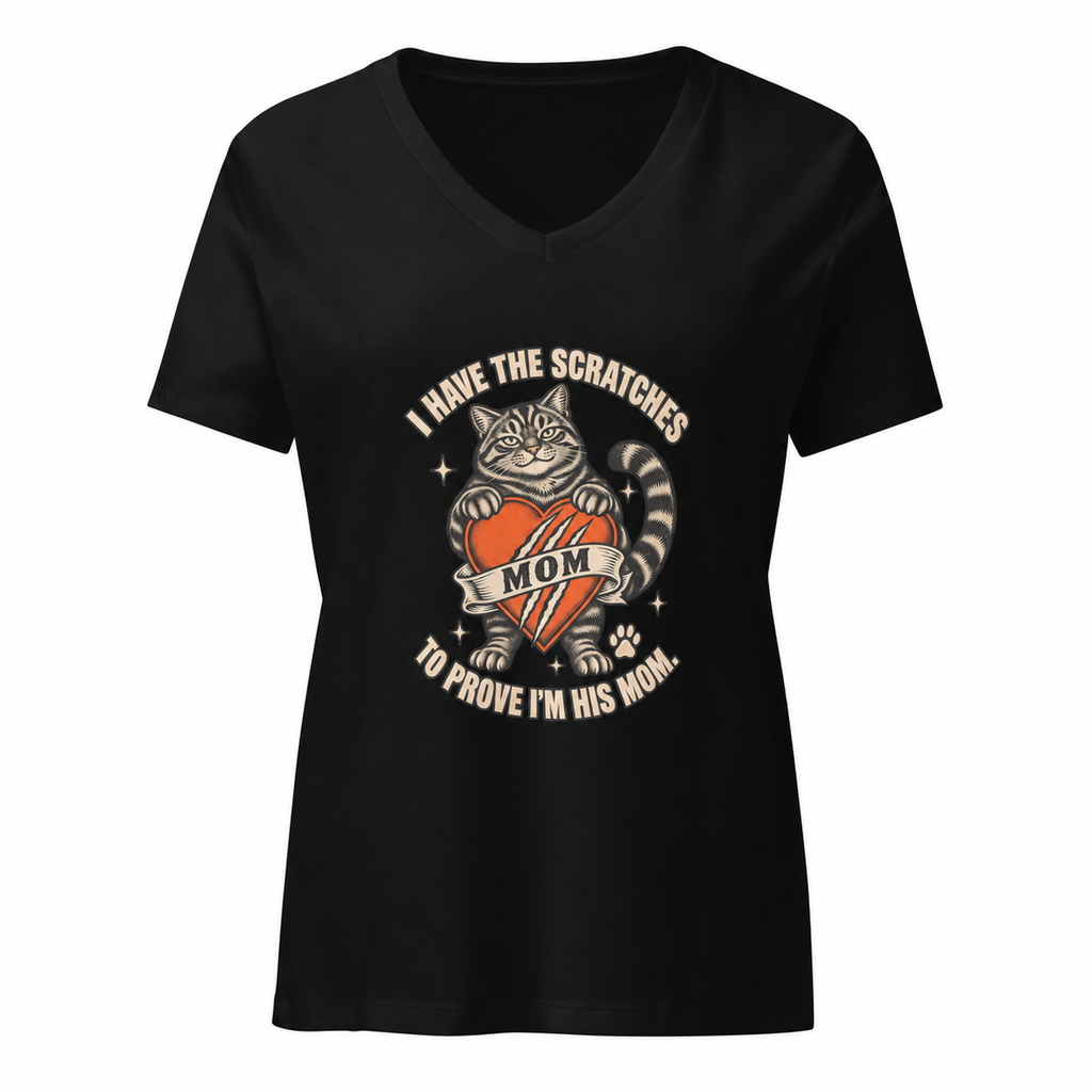 Plain sleeves — I Have the Scratches Boy Cat Mom V-Neck Tee in solid black blend, front view
