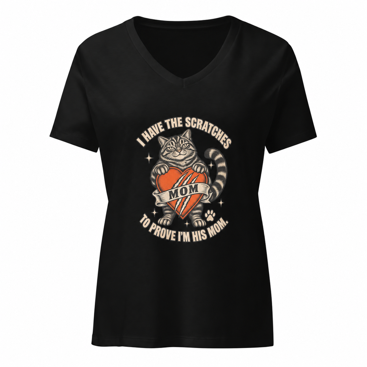 Plain sleeves — I Have the Scratches Boy Cat Mom V-Neck Tee in solid black blend, front view