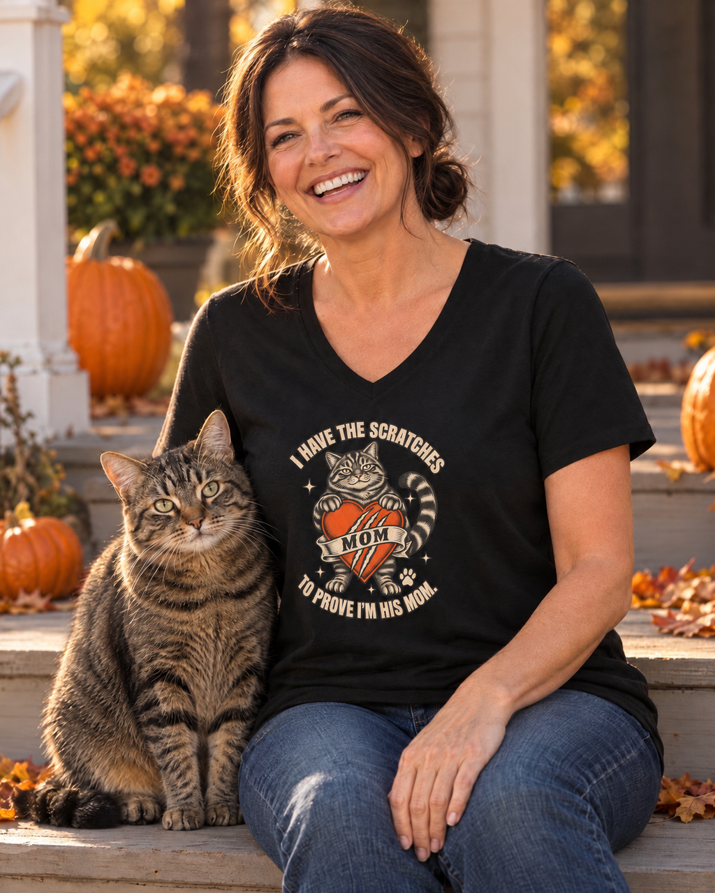 Plain sleeves — Woman in a black Little Monsters Boy Cat Mom V-neck tee sitting on porch steps next to her tabby cat