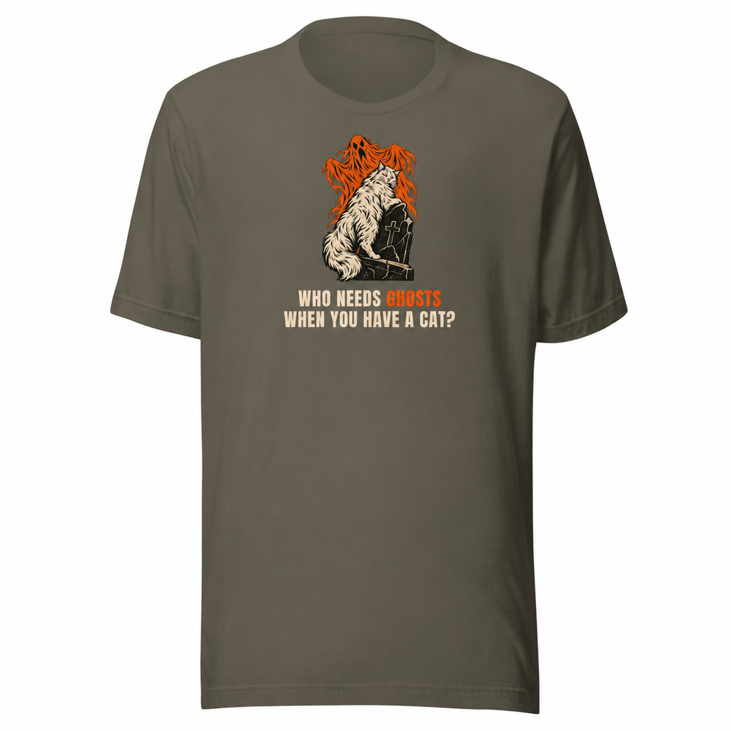 Plain sleeves — Army unisex tee with a white long-haired cat on a gravestone and orange ghosts, Who needs ghosts when you have a cat?
