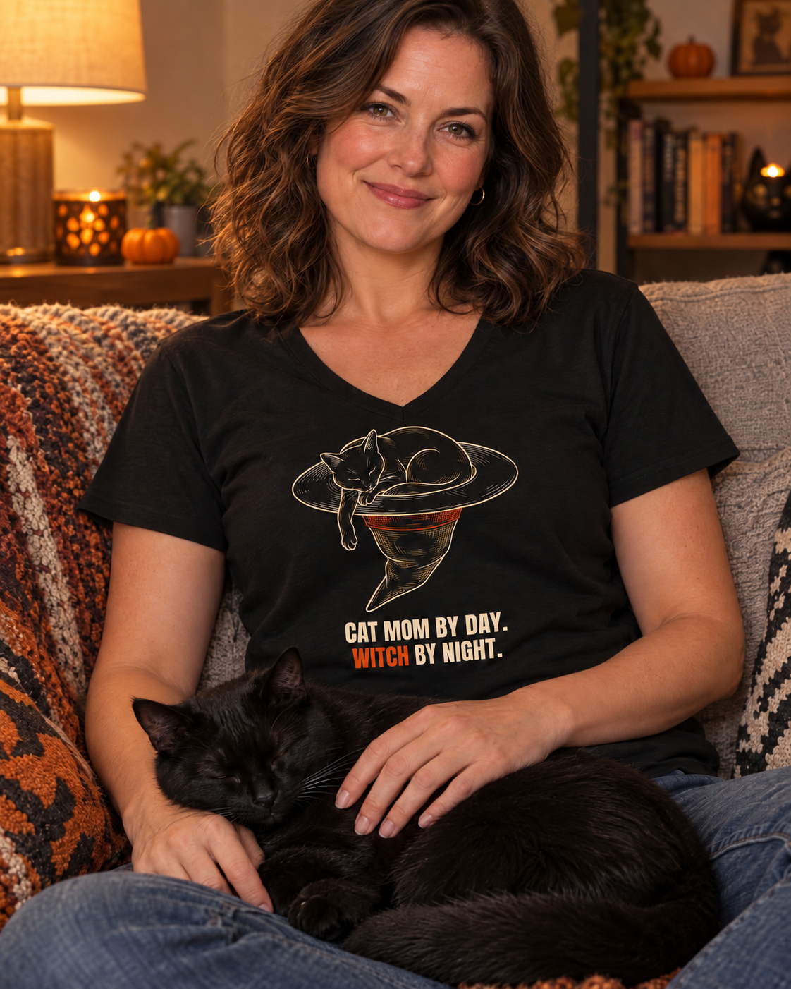 Plain sleeves — Woman on a cozy sofa wearing the black Cat Mom by Day. Witch by Night. V-neck tee, a black cat asleep in her lap