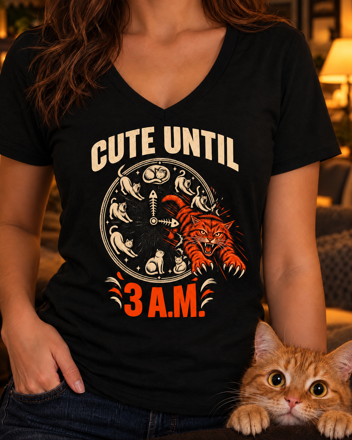 Plain sleeves — Close-up of the Cute Until 3 A.M. black V-neck tee print with a ginger orange tabby peeking up from the corner