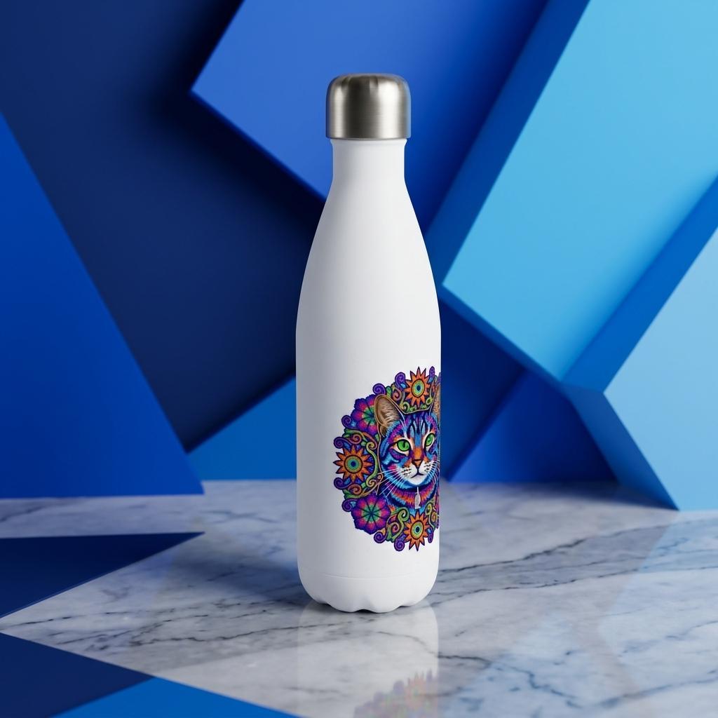 Monster Bottle 17oz stainless steel with custom cat monster art, detail view
