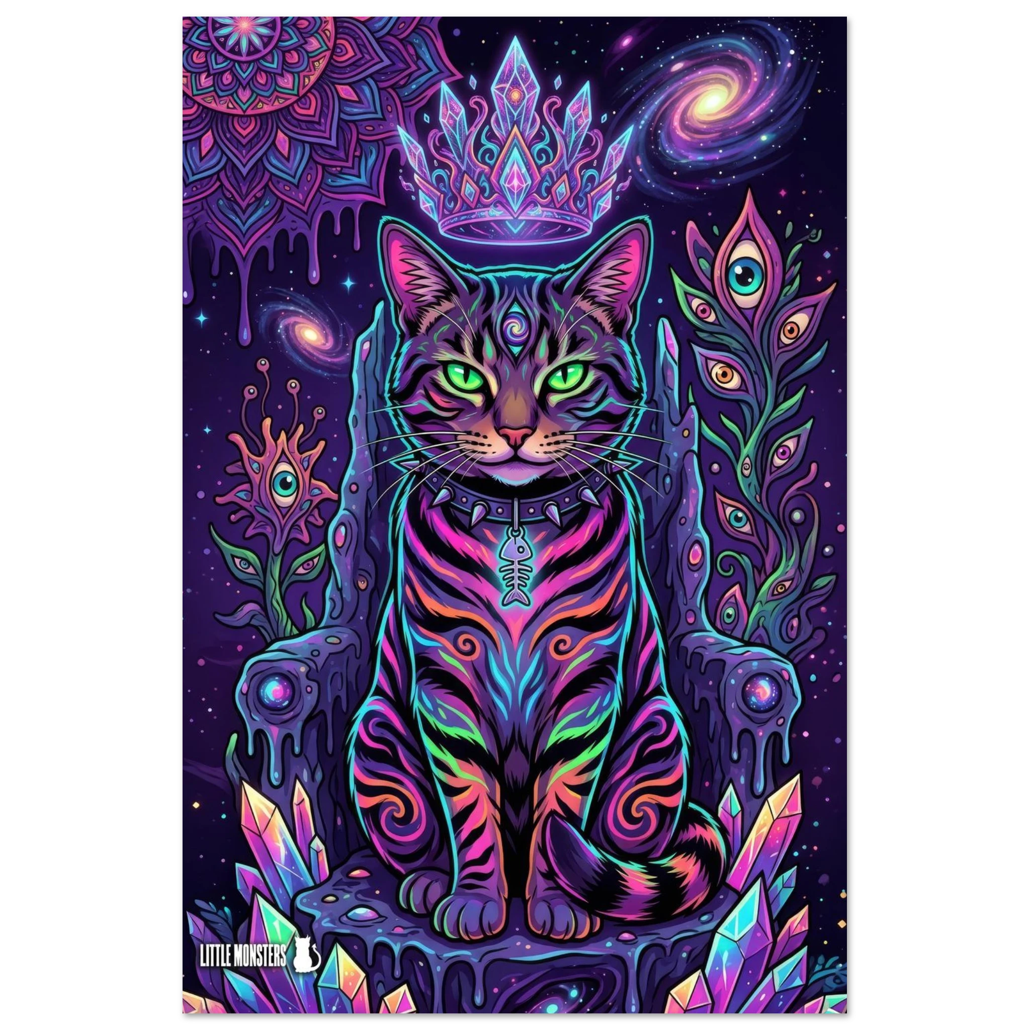 Royal Catness monster cat art printed on a premium semi-glossy Little Monsters poster, neon purple and pink cosmic portrait with a crystal crown