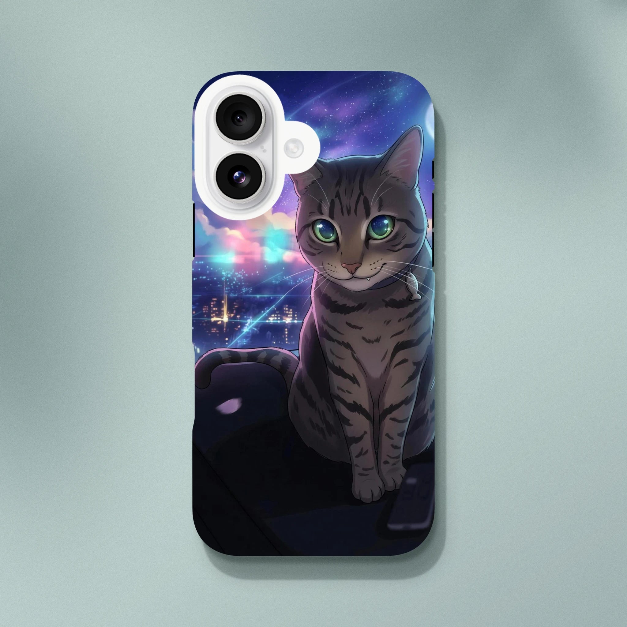 Little Monsters tough phone case shown straight on, cosmic monster cat art printed edge to edge