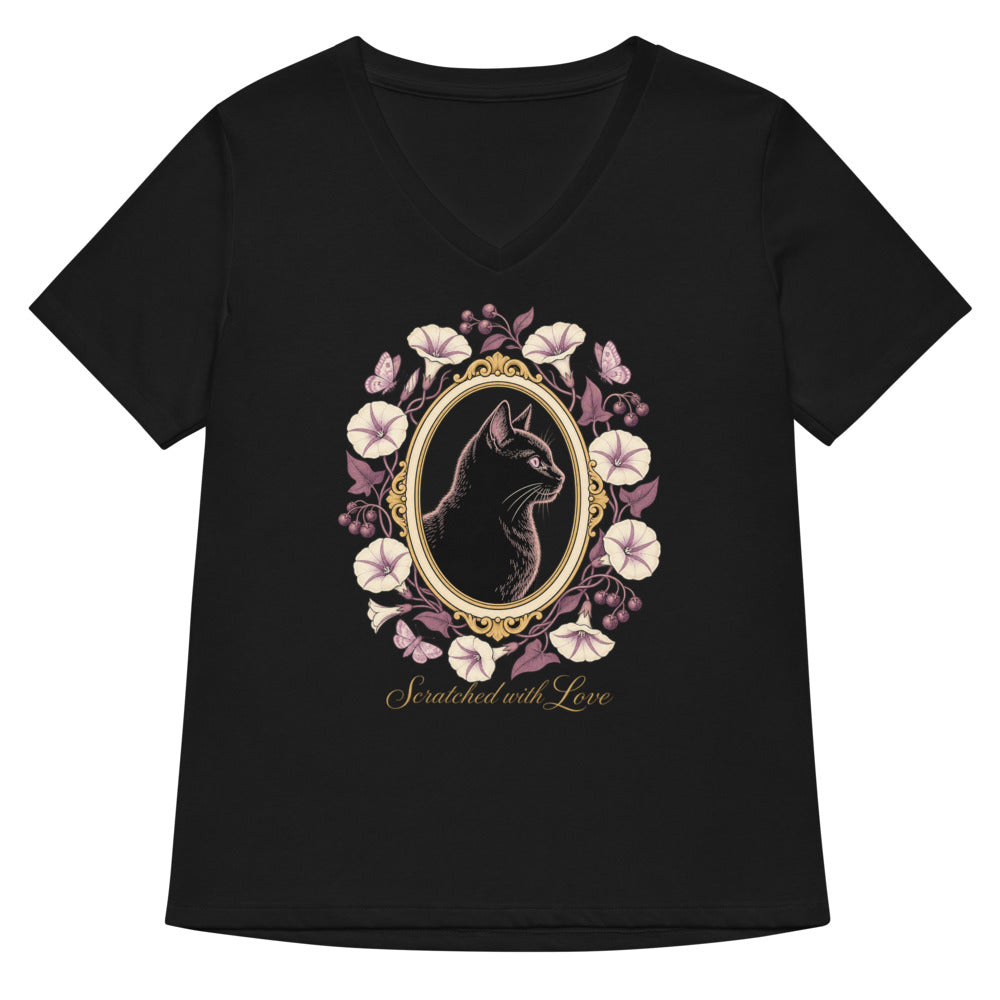 Black V-neck with higher purple floral cameo and gold Scratched with Love lettering