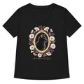 Black V-neck with higher purple floral cameo and gold Scratched with Love lettering