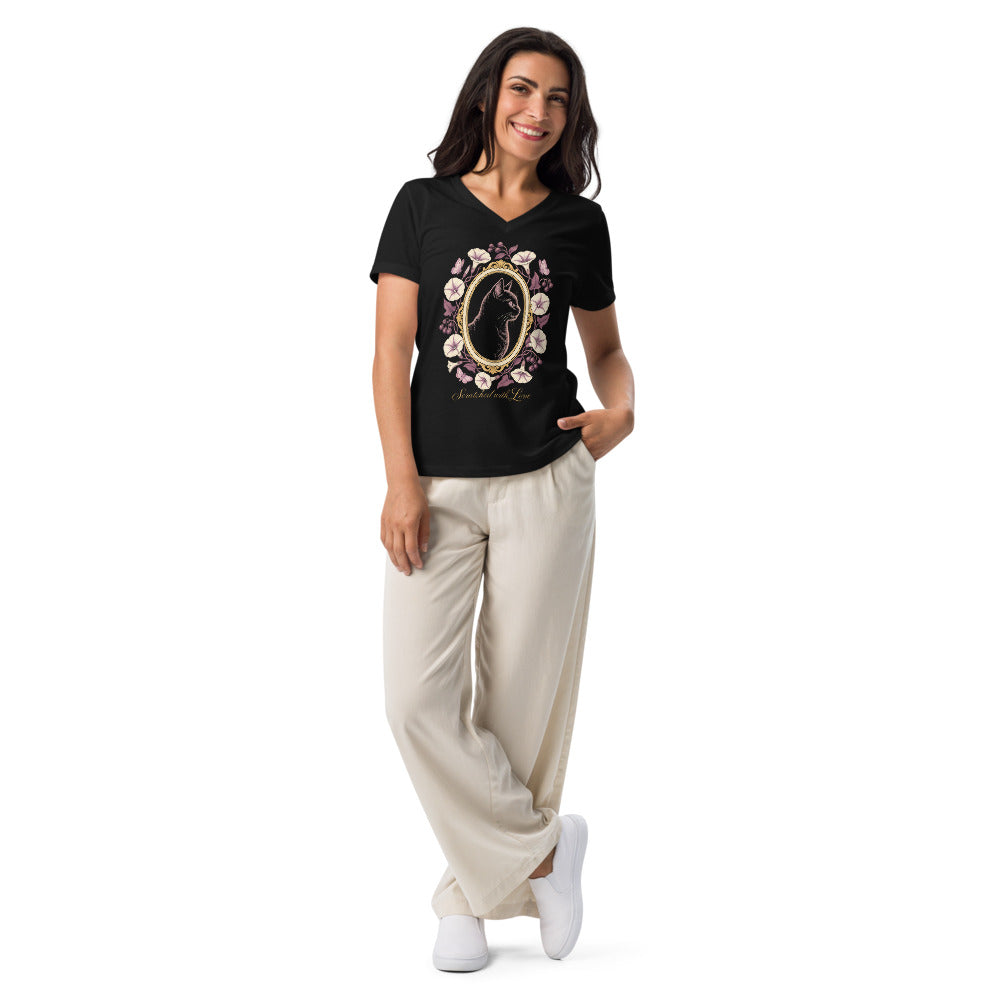 Printful model wearing black Scratched with Love V-neck with gold script
