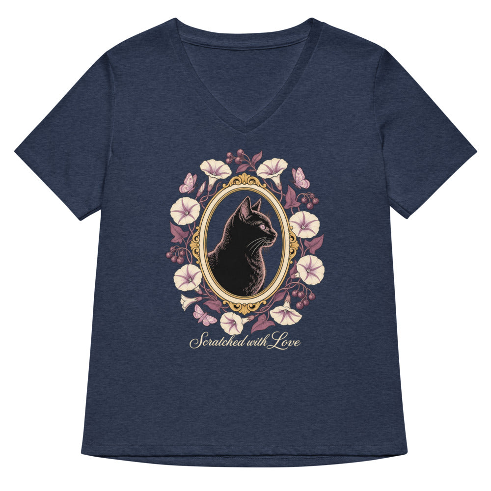 Heather navy V-neck with higher purple floral cameo and cream Scratched with Love lettering