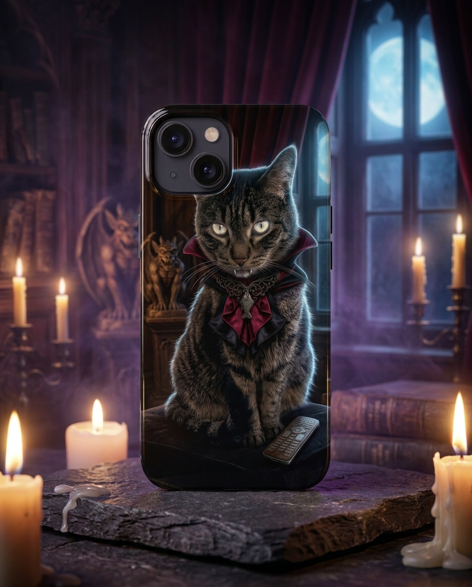 Little Monsters tough phone case with gothic vampire monster cat art among candles