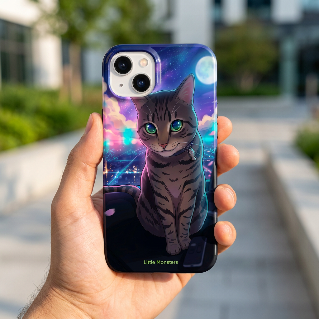 Hand holding the Little Monsters tough phone case with cosmic monster cat art