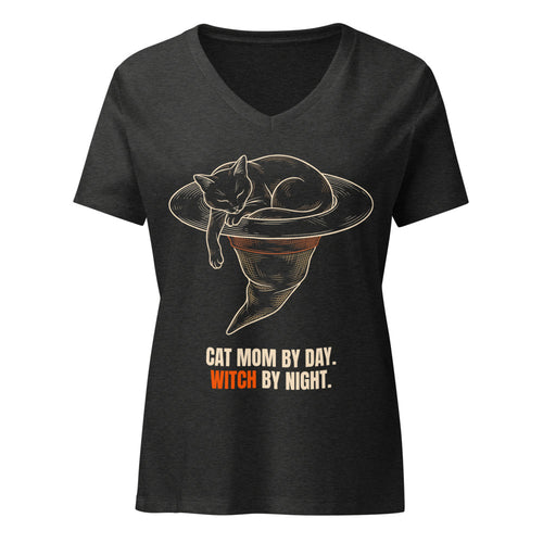 Dark grey heather women's V-neck tee with a black cat asleep in a witch hat and the words Cat mom by day, witch by night