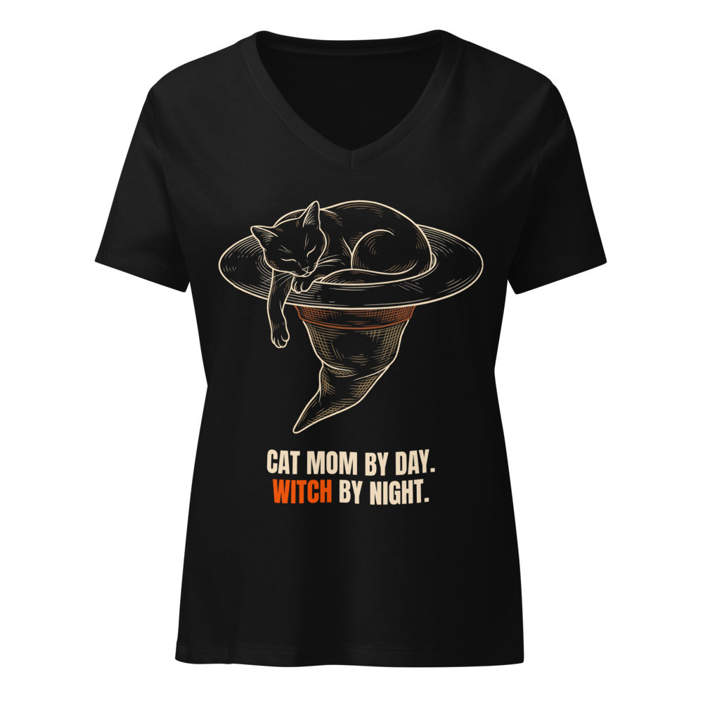 Black women's V-neck tee with a black cat asleep in a witch hat and the words Cat mom by day, witch by night