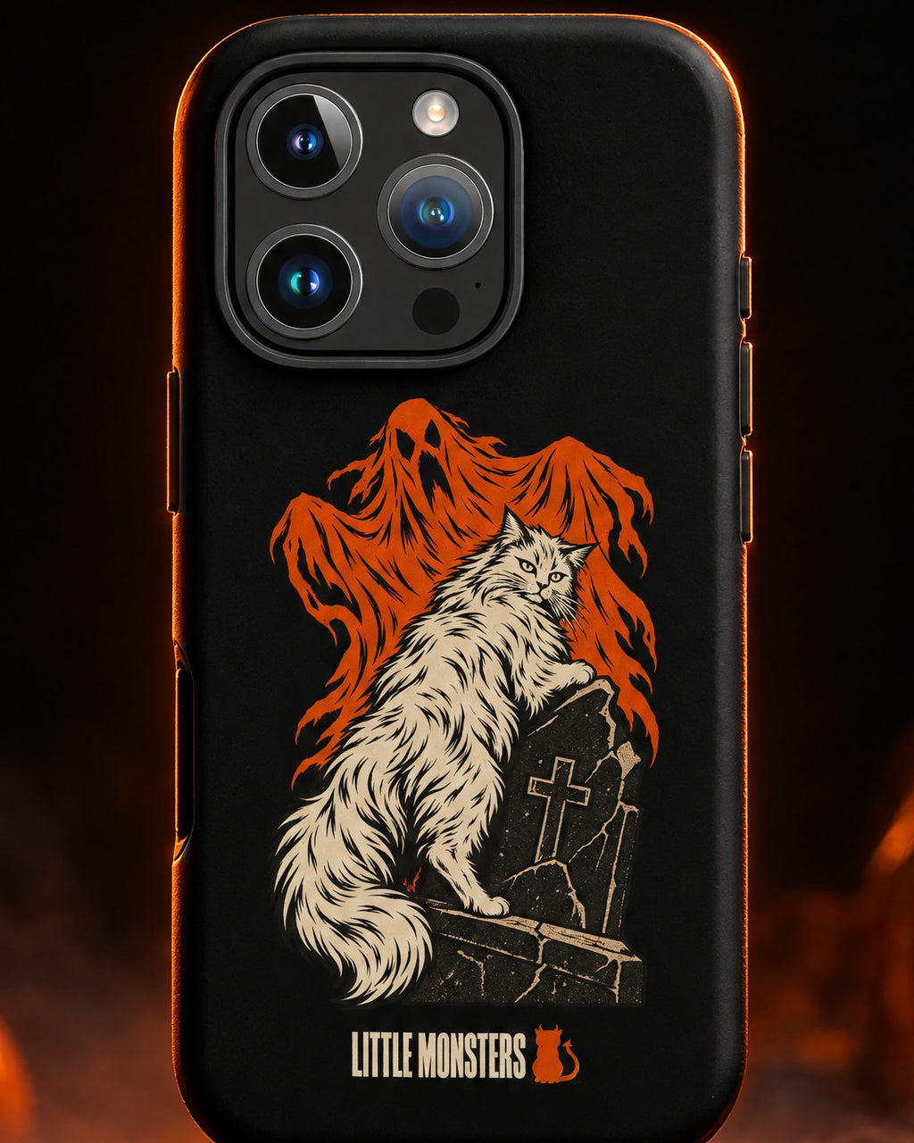 Close-up of the Little Monsters Halloween graveyard cat iPhone case