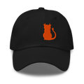 Devil Cat embroidery on a black, not distressed dad hat — corrected supplier proof