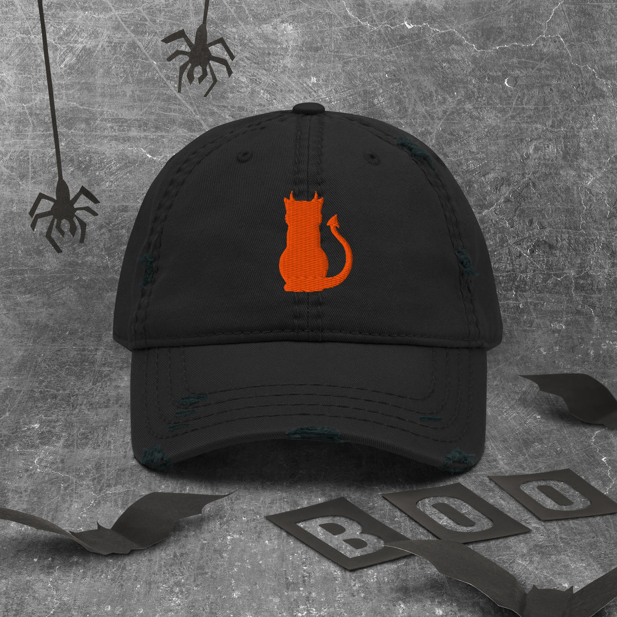 Devil Cat Embroidered Hat in black, front view
