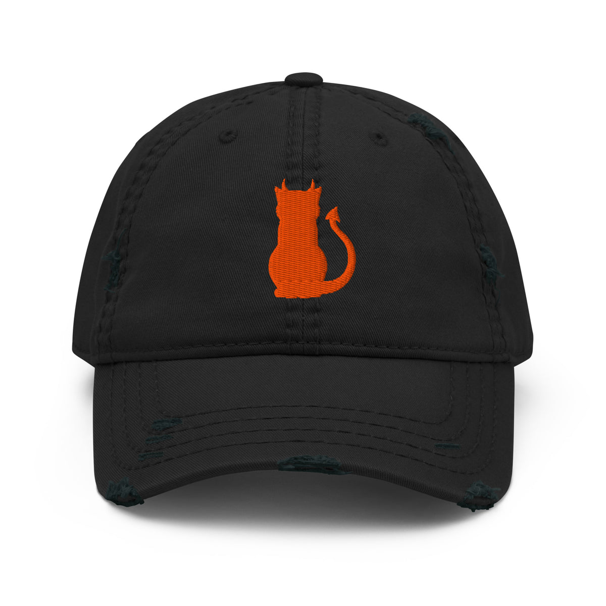 Devil Cat Embroidered Hat in black, front view