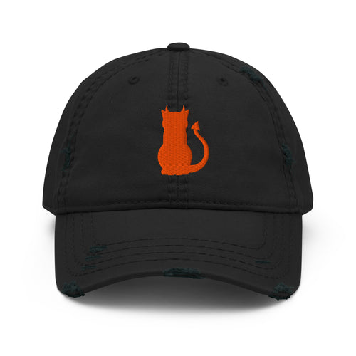 Devil Cat Embroidered Hat in black, front view