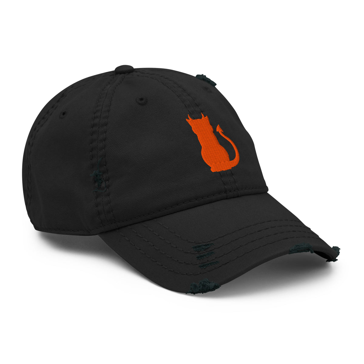 Devil Cat Embroidered Hat in black, front right view