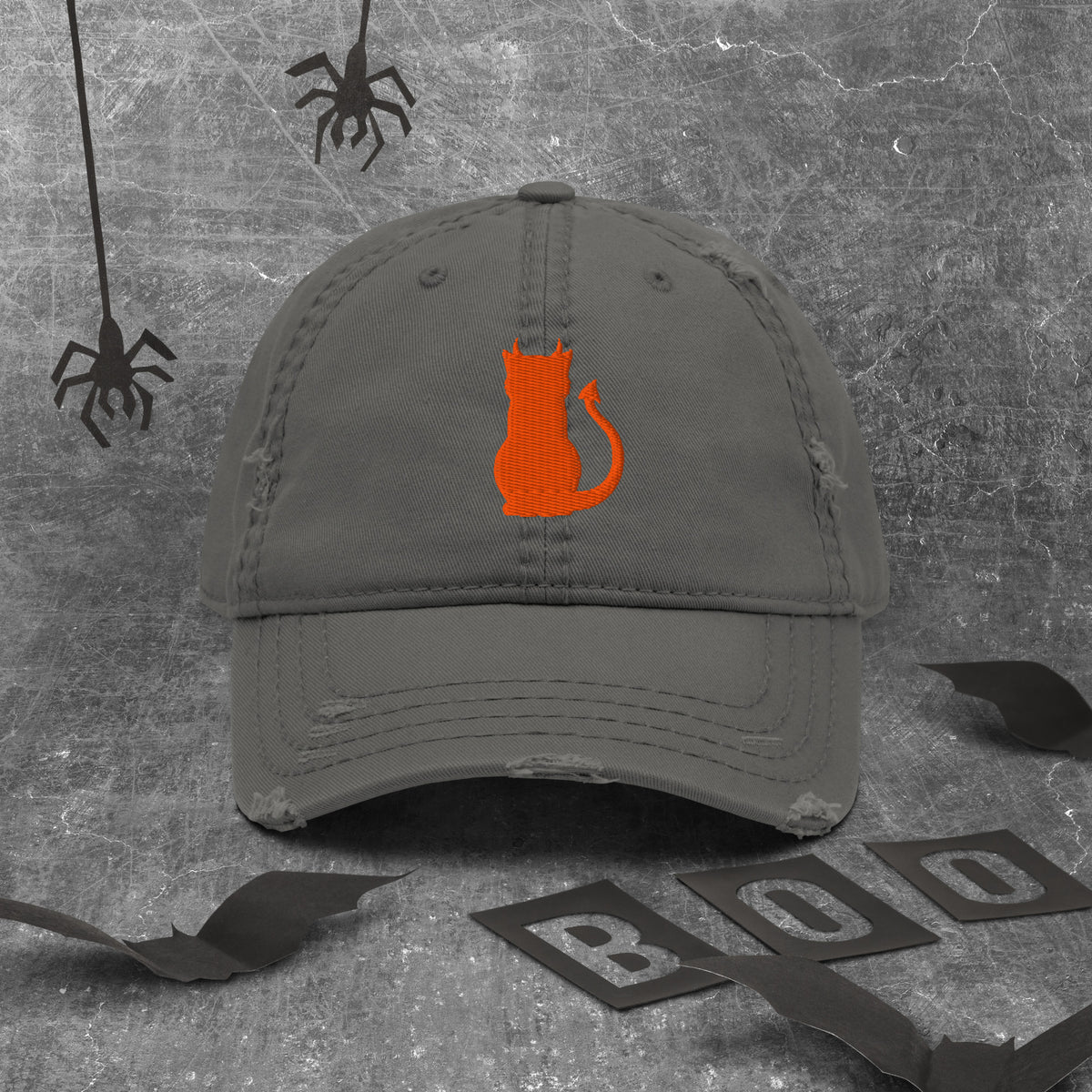 Devil Cat Embroidered Hat in charcoal grey, front view