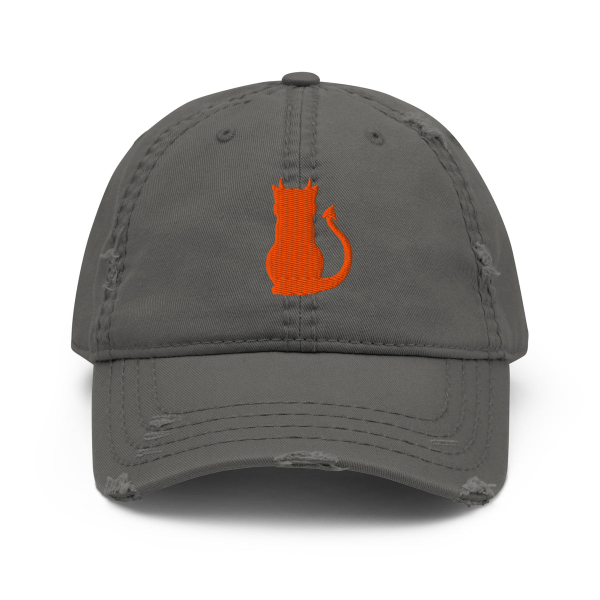 Devil Cat Embroidered Hat in charcoal grey, front view