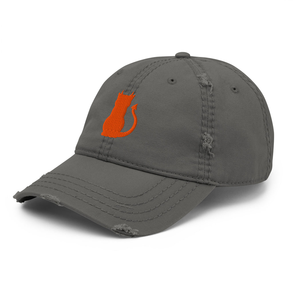 Devil Cat Embroidered Hat in charcoal grey, front left view