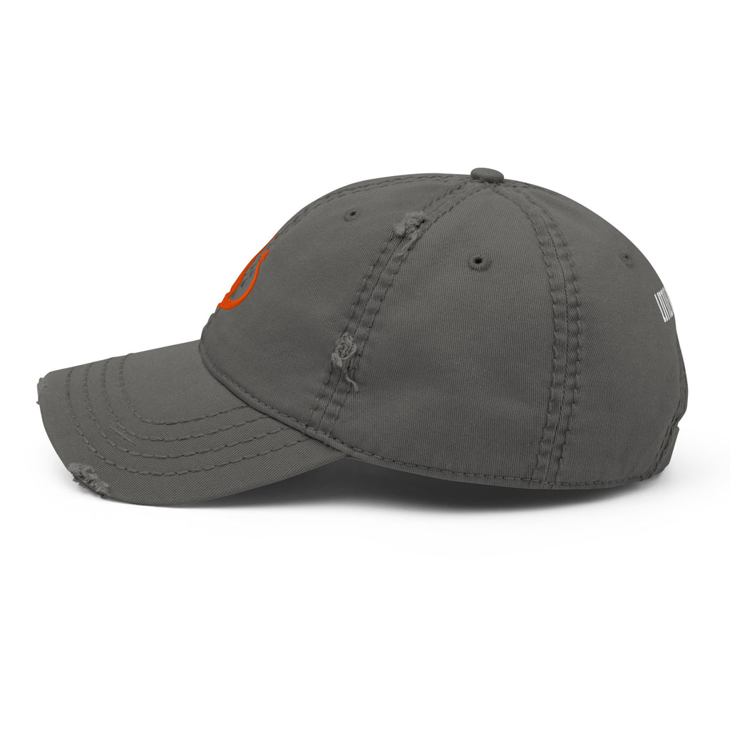 Devil Cat Embroidered Hat in charcoal grey, left side view