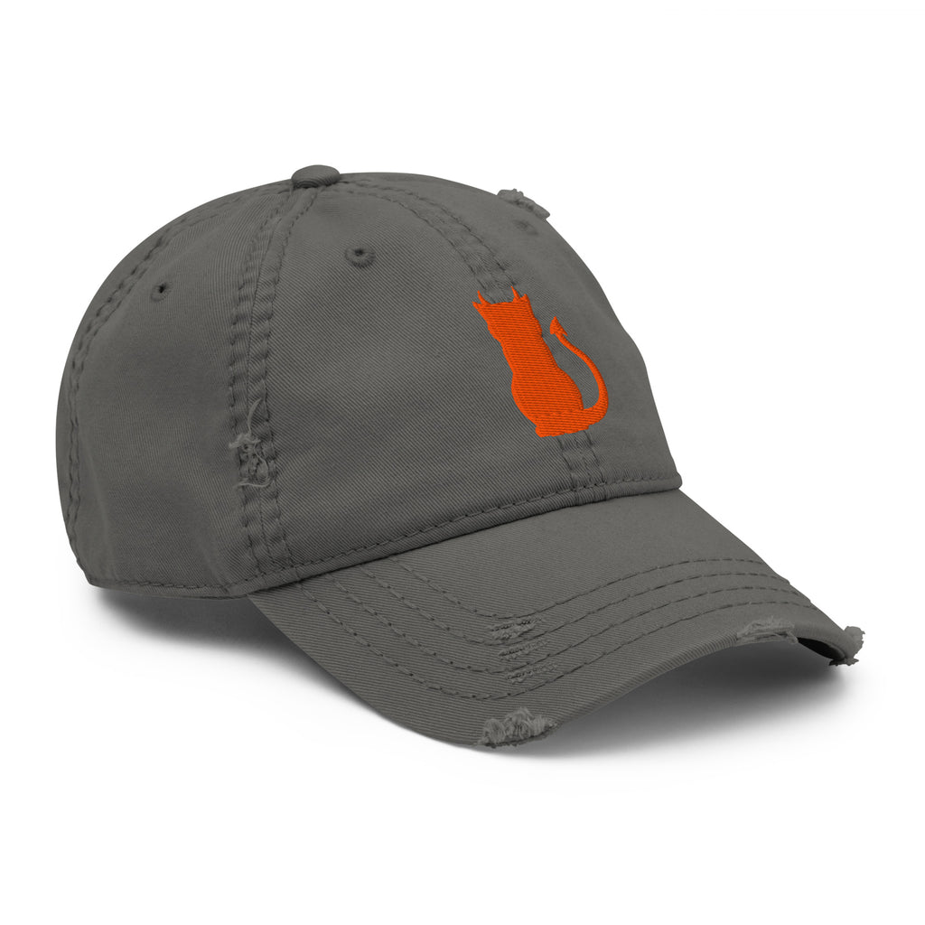 Devil Cat Embroidered Hat in charcoal grey, front right view