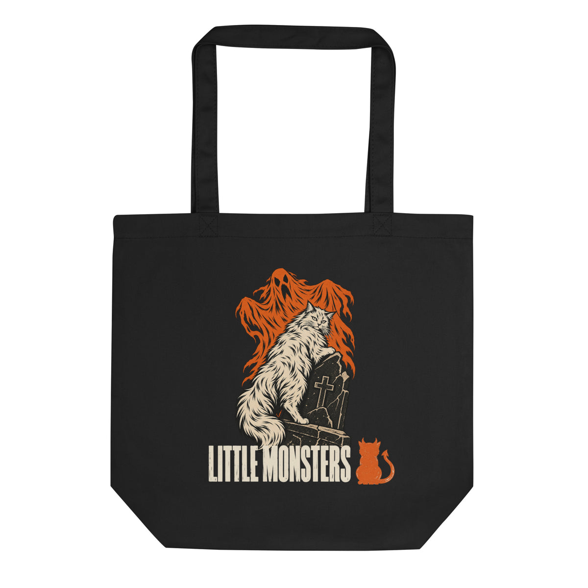 Halloween 2026 graveyard cat organic cotton tote in black, front view: a white long-haired cat on a gravestone with orange ghosts and the Little Monsters logo