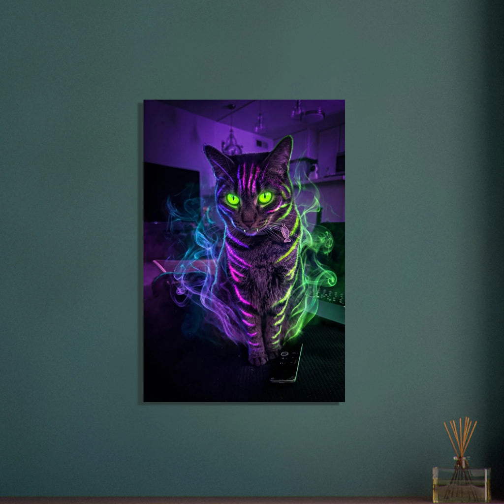 Custom cat monster poster displayed on a wall