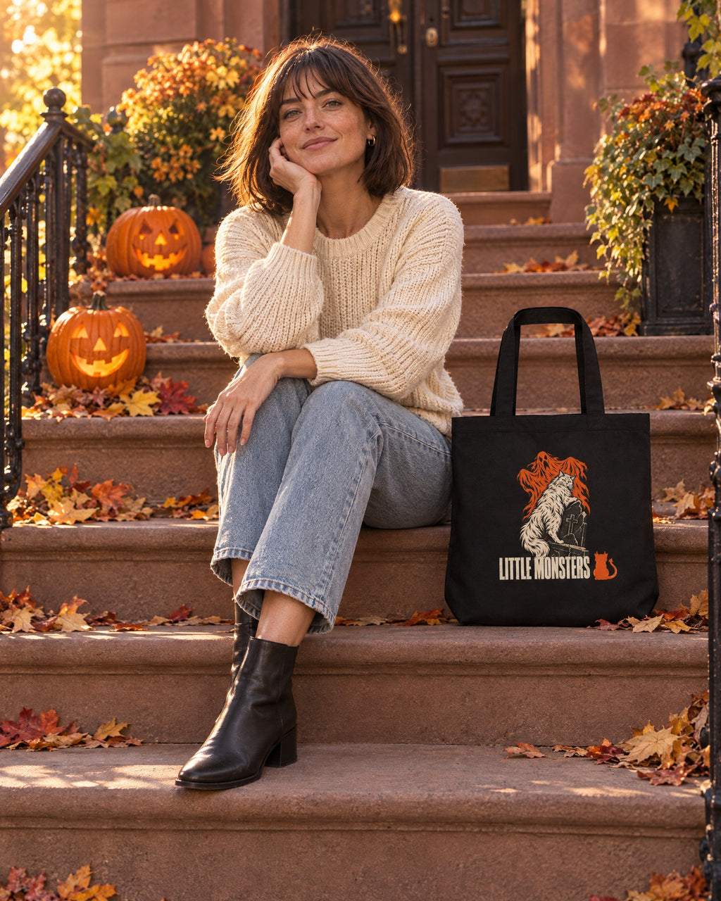 Woman in a cream sweater on a brownstone stoop with jack-o'-lanterns, the Little Monsters Halloween 2026 graveyard cat tote beside her