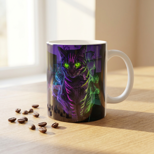 Monster Mug with neon cat art on a bright wooden desk
