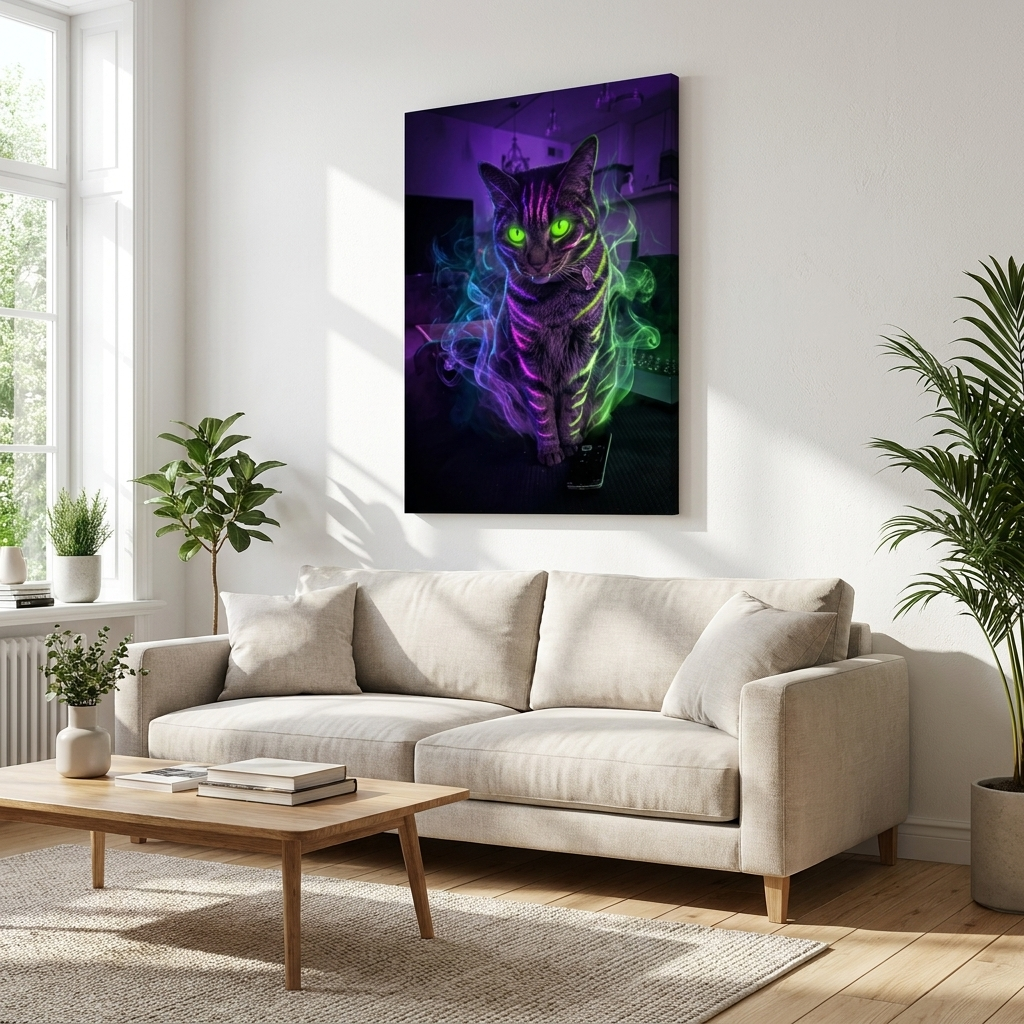 Monster Canvas gallery-wrapped print above a sofa in a bright living room