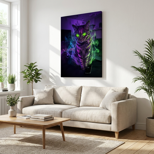 Monster Canvas gallery-wrapped print above a sofa in a bright living room