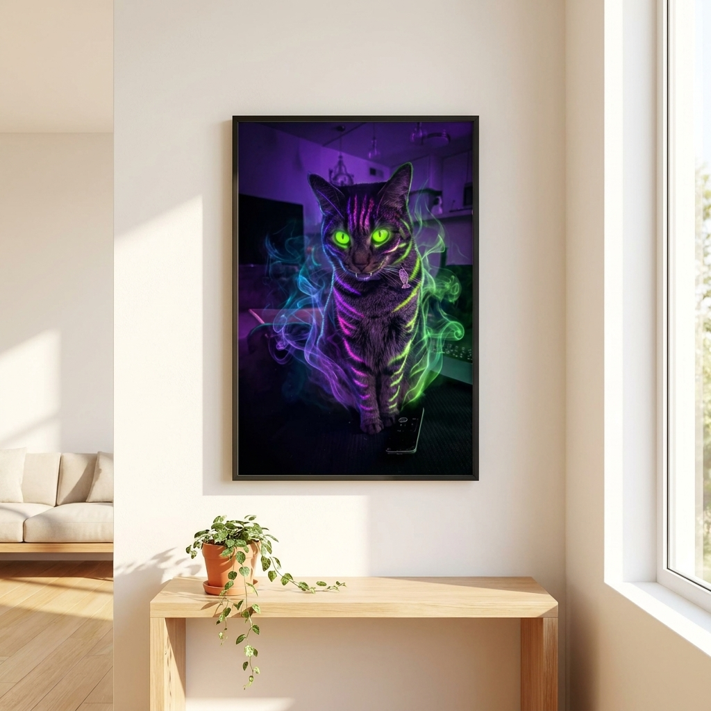 Framed Monster Poster of a neon cat on a bright living-room wall
