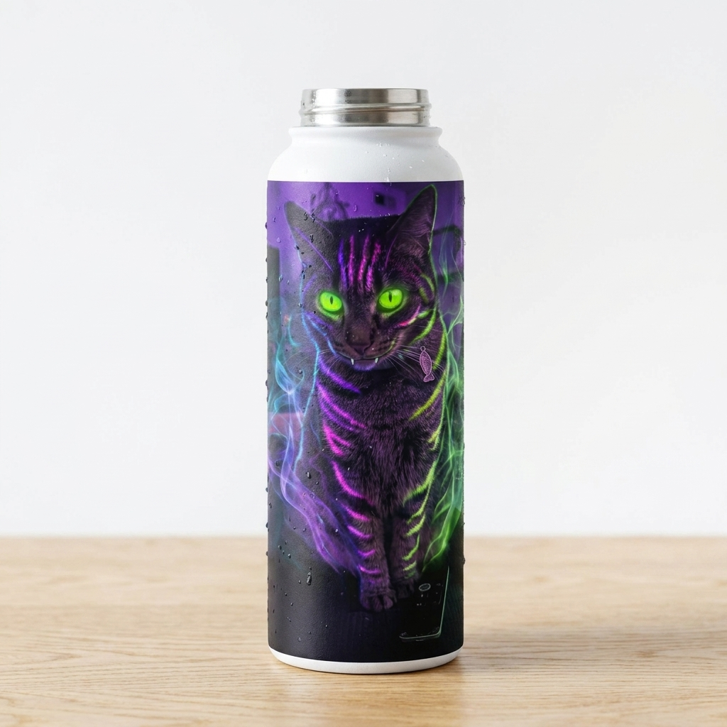 Little Monsters neon cat monster on a 17oz stainless steel bottle