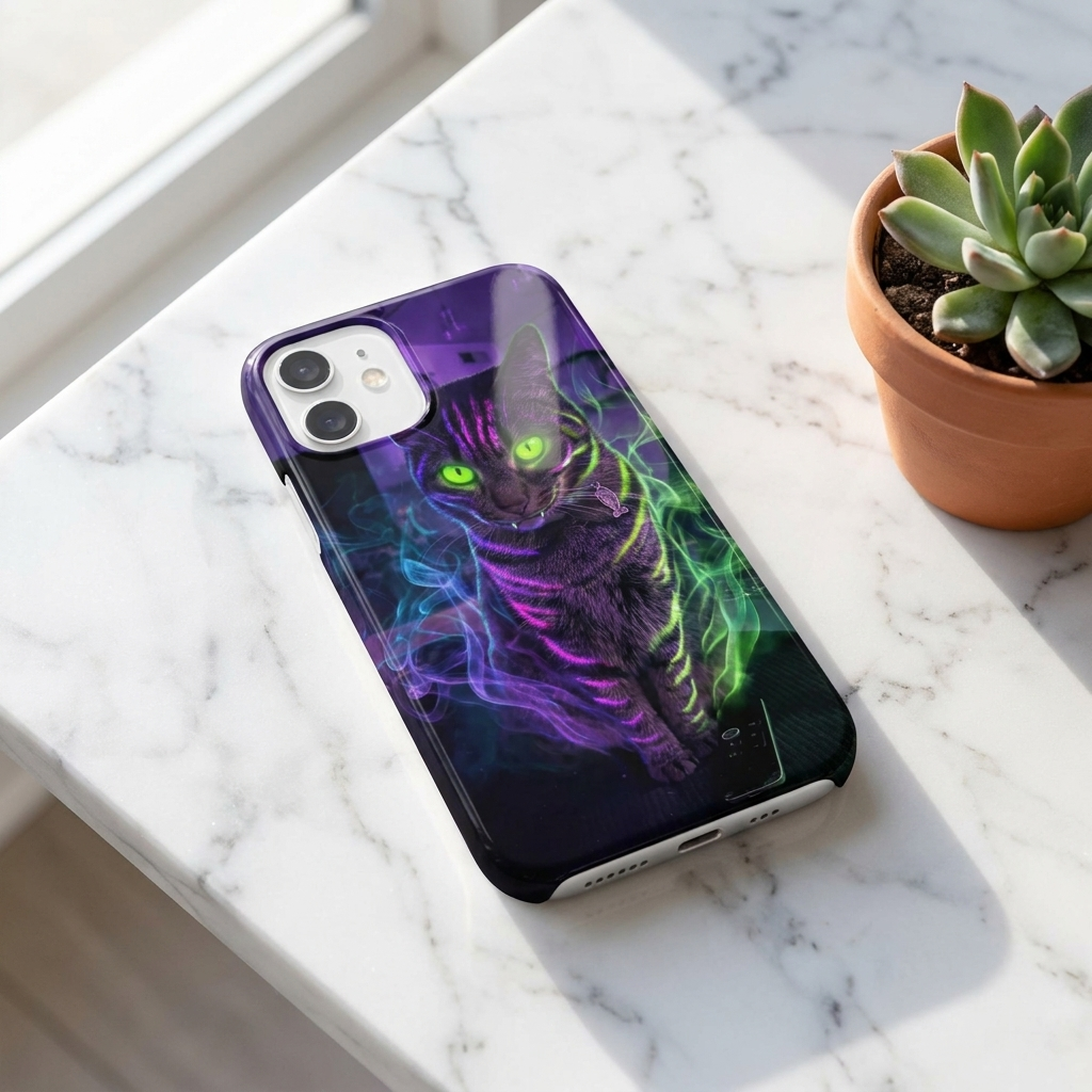 Little Monsters neon cat monster on a slim glossy iPhone case