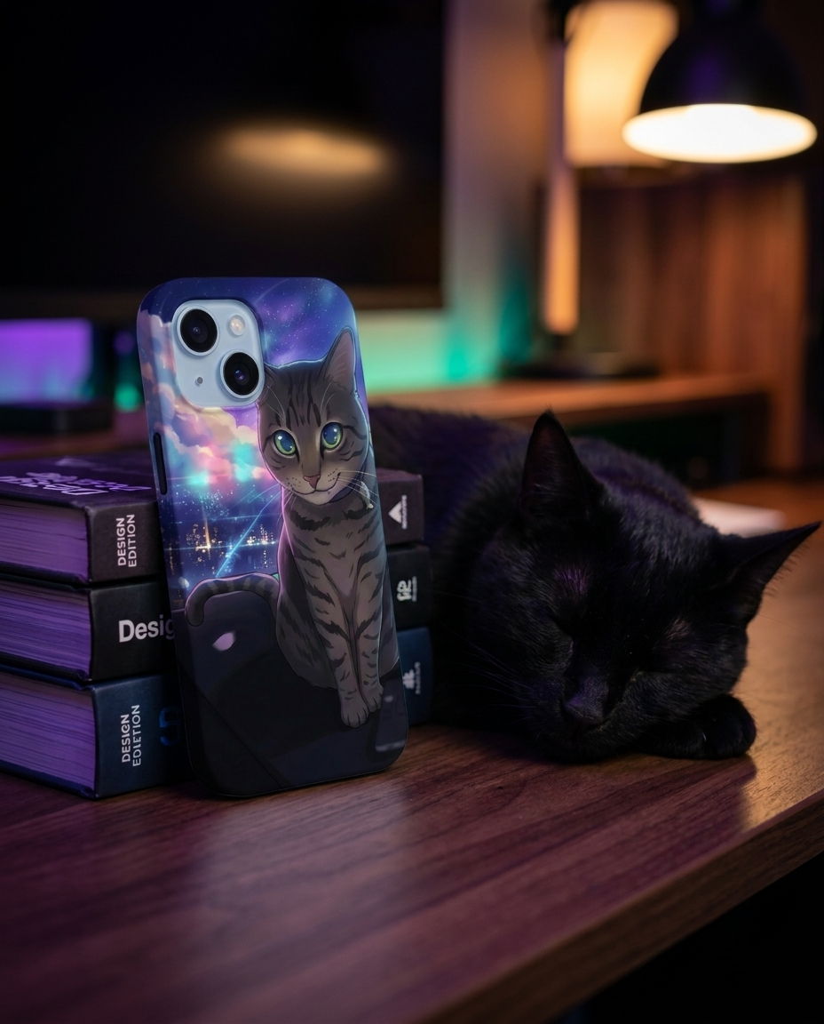 Monster Phone Case lifestyle, moody desk at night with black cat