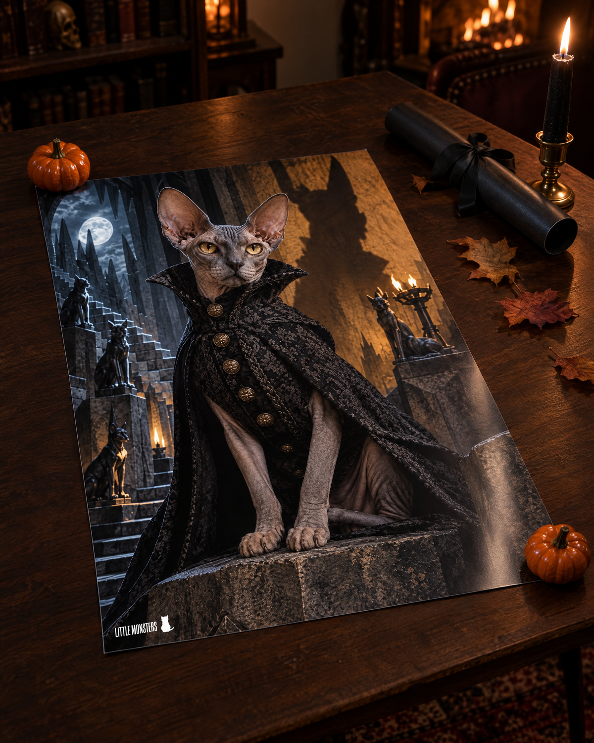 Unframed semi-gloss Little Monsters poster of a sphynx cat in a black vampire cloak laid on a dark table with pumpkins, a candle and a rolled poster. Yours features your cat.