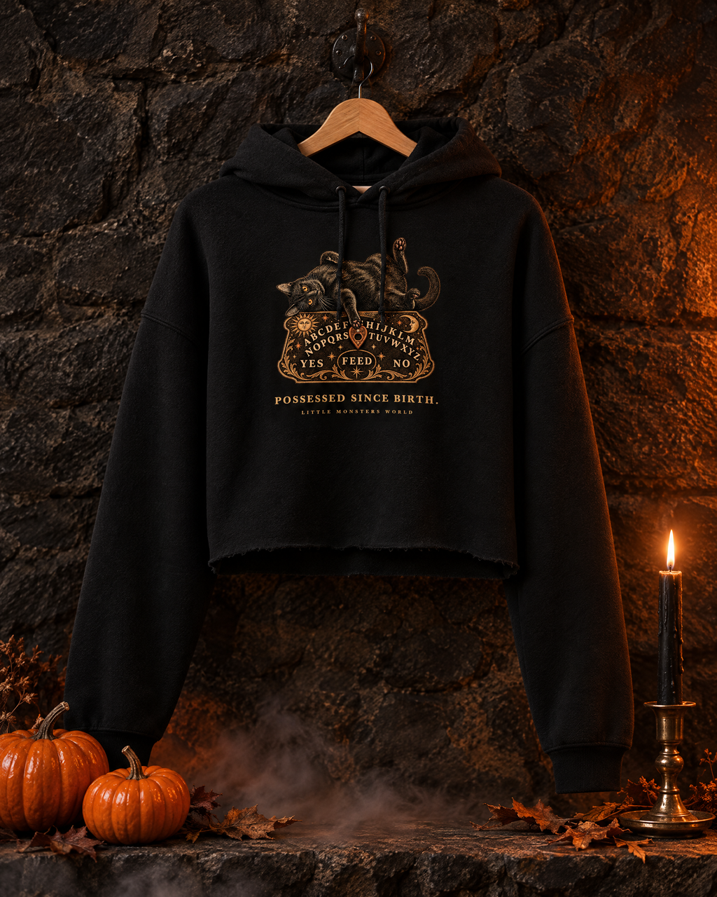Black Little Monsters Possessed Since Birth cropped hoodie hanging on a stone wall with pumpkins, a candle and fog