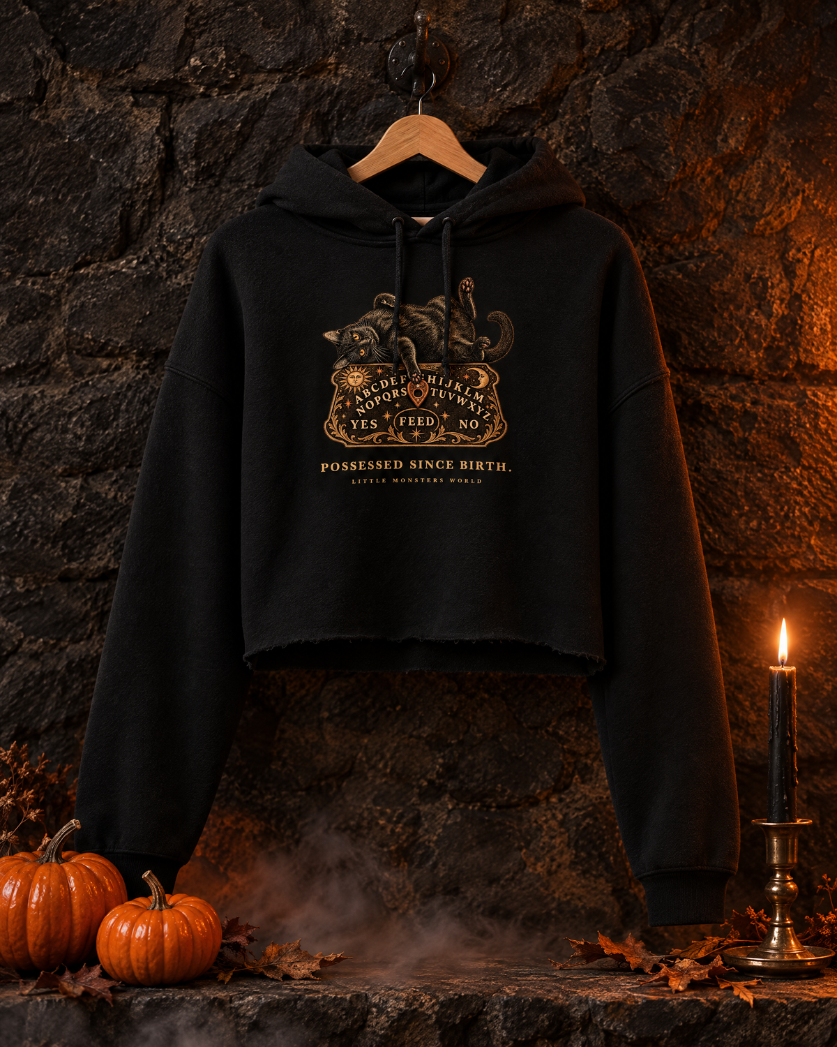 Black Little Monsters Possessed Since Birth cropped hoodie hanging on a stone wall with pumpkins, a candle and fog