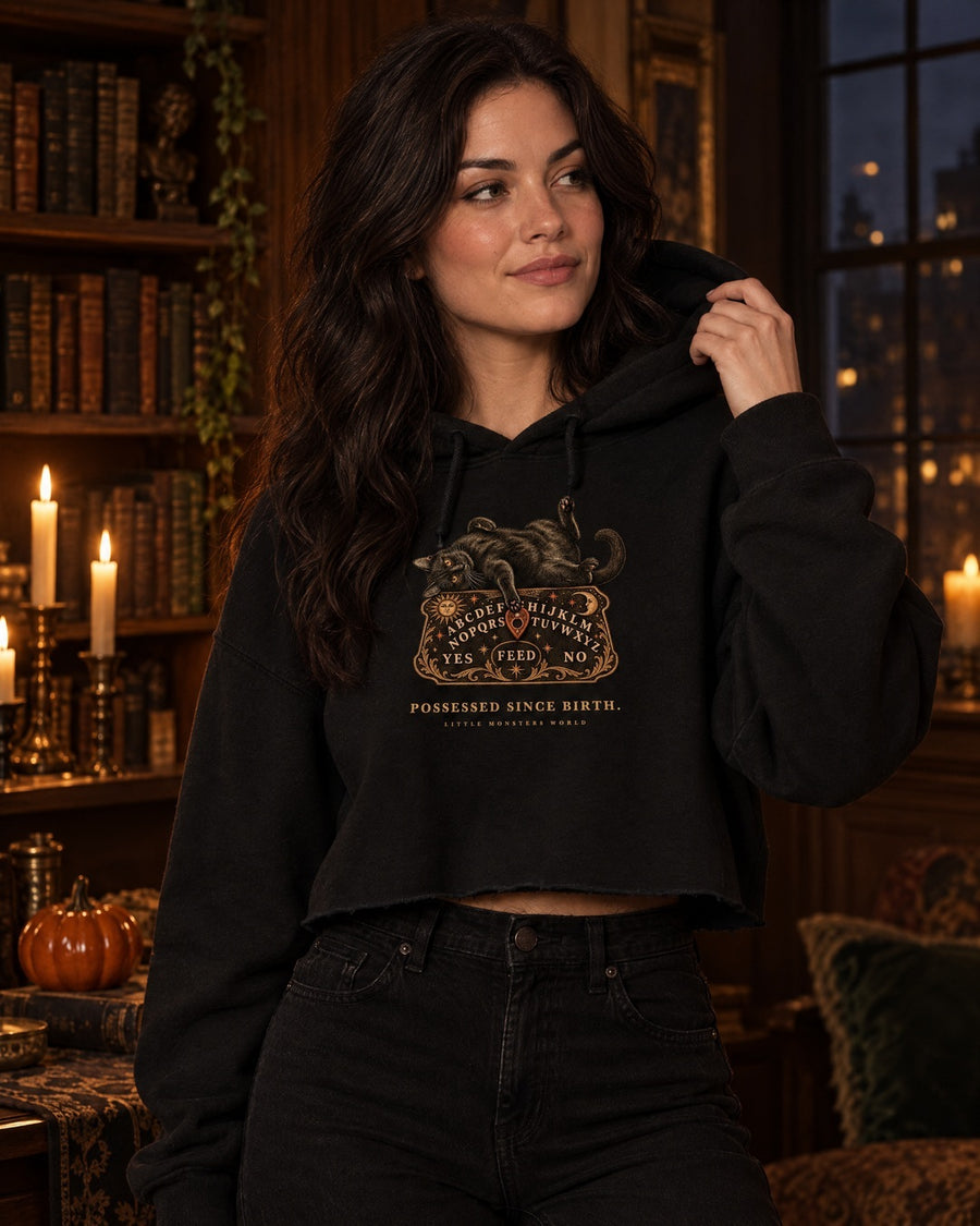Possessed Since Birth cropped hoodie in a candlelit library