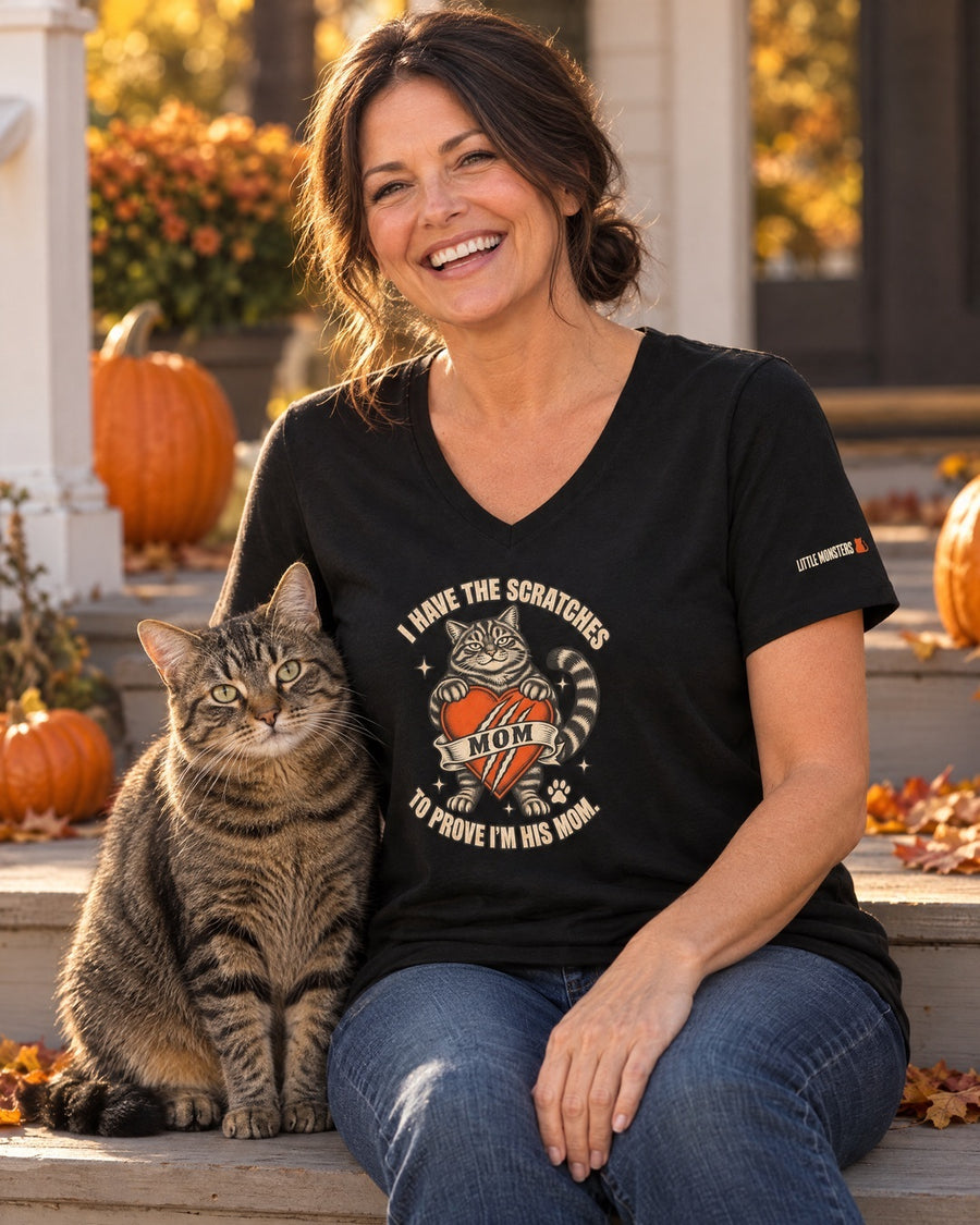 I Have the Scratches boy cat mom V-neck with a tabby cat