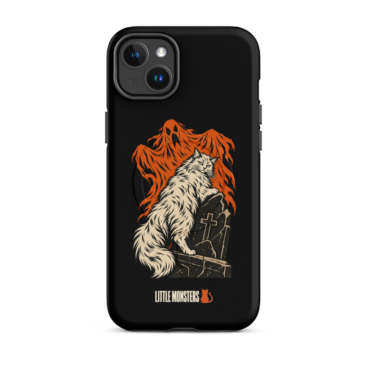 Halloween 2026 graveyard cat MagSafe tough case on an iPhone 14 Plus, front view